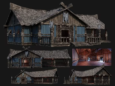 Ancient Traditional Building With Thatch Roof Wooden Walls Detailed Porch And Interior Multiple Views 3d model