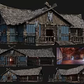 Ancient Traditional Building With Thatch Roof Wooden Walls Detailed Porch And Interior Multiple Views