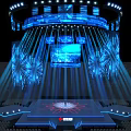 Night Illuminated Architectural Structure With Blue Radial Beams And Firework Decorations