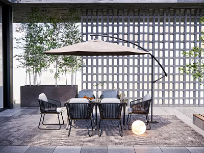 Stylish Outdoor Chairs With Table Umbrella Potted Plants And Screen Wall On Patio 3d model
