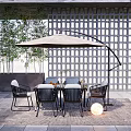 Stylish Outdoor Chairs With Table Umbrella Potted Plants And Screen Wall On Patio