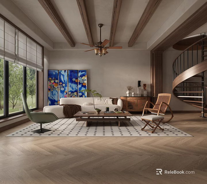 Rustic Living Room Interior Design With Wooden Beams Ceiling Fan Blue Artwork And Herringbone Flooring 3d model 