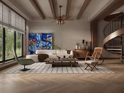 Rustic Living Room Interior Design With Wooden Beams Ceiling Fan Blue Artwork And Herringbone Flooring 3d model
