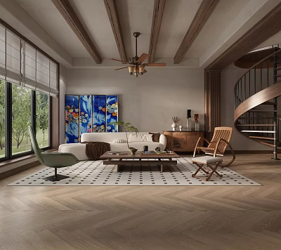 Rustic Living Room Interior Design With Wooden Beams Ceiling Fan Blue Artwork And Herringbone Flooring 3d model