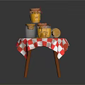Small Wooden Table With Red And White Checkered Cloth And Stacked Honey Jars