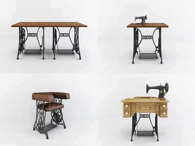 Vintage Industrial Sewing Machines On Wooden Tables With Iron Frames 3d model
