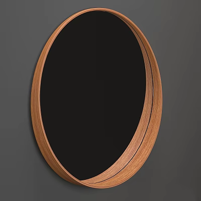 Oval Mirror With Wooden Frame Hanging On Gray Background Wall 3d model