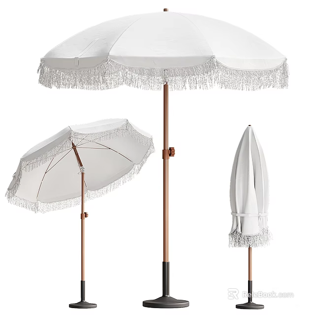 White Patio Umbrella With Fringe Trim Copper Pole Open And Closed Design 3d model 