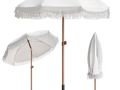 White Patio Umbrella With Fringe Trim Copper Pole Open And Closed Design 3d model