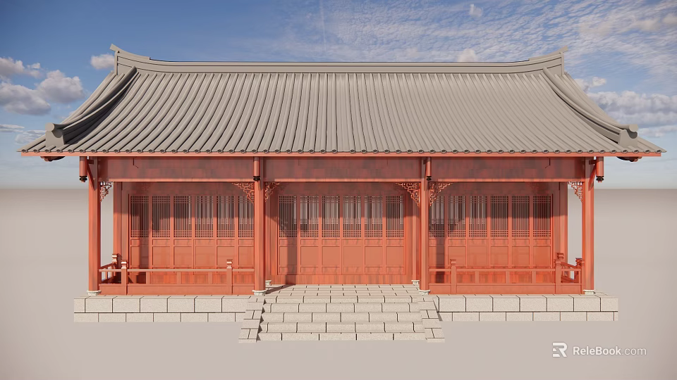 Traditional Ancient Architecture With Red Wooden Structure Tiled Roof Stone Steps And Blue Sky 3d model 