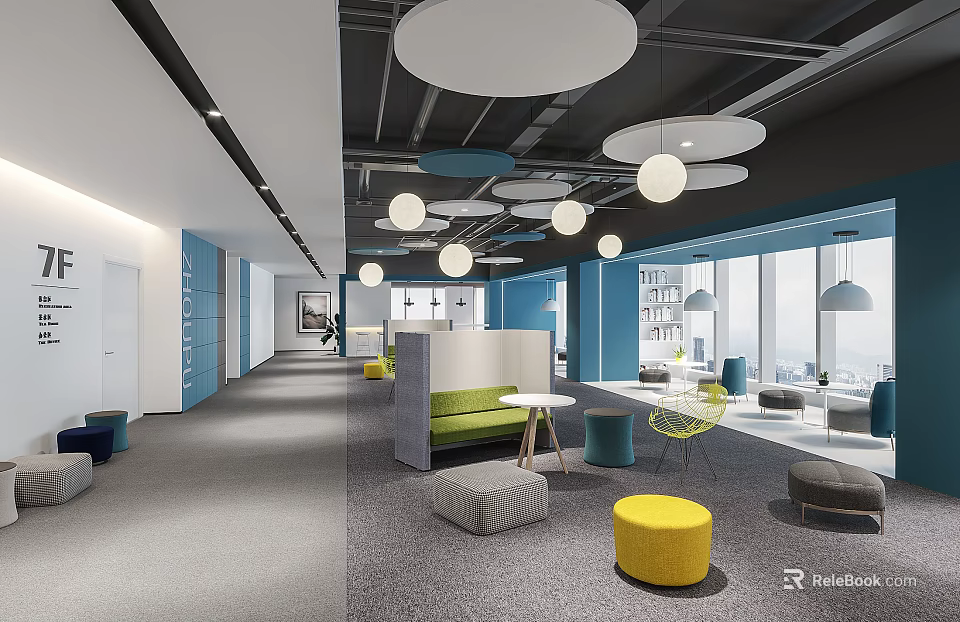 Modern Office Front Desk Reception Area With Comfortable Seating And Circular Pendant Lights 3d model 