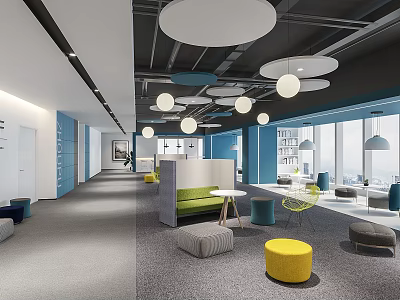 Modern Office Front Desk Reception Area With Comfortable Seating And Circular Pendant Lights 3d model