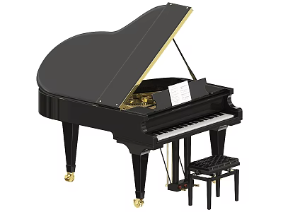 Black Grand Piano With Gold Accents Stool And Music Sheet On Top 3d model