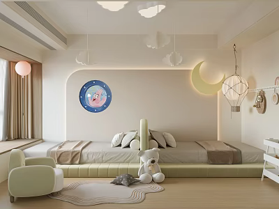 Tatami Bedroom Interior With Cozy Bed Teddy Bear Blue Circular Decor And Moon Shaped Lamps 3d model