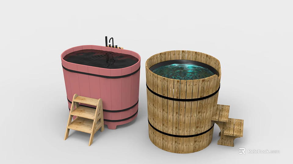Pink And Natural Wooden Bathtub Design With Small Wooden Steps And Shelf 3d model 