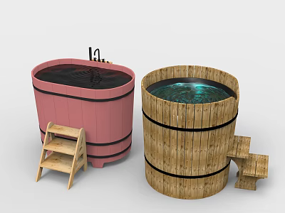 Pink And Natural Wooden Bathtub Design With Small Wooden Steps And Shelf 3d model