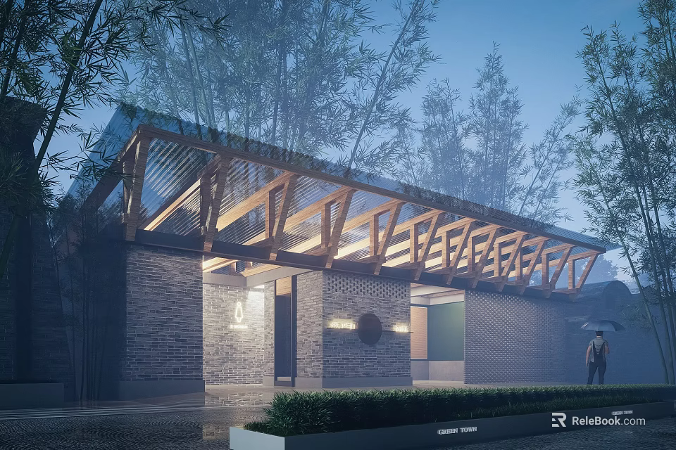 Modern Architectural Exterior Featuring Wooden Roof Frame Brick Wall And Green Trees 3d model 