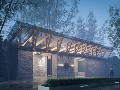 Modern Architectural Exterior Featuring Wooden Roof Frame Brick Wall And Green Trees 3d model