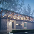 Modern Architectural Exterior Featuring Wooden Roof Frame Brick Wall And Green Trees