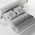 Minimalist Double Bed Interior With Upholstered Headboard Striped Bedding Nightstands And Table Lamps