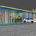 Modern Entrance Gate With Glass Curtain Wall Metal Frame Green Lawn And Gray Paved Ground