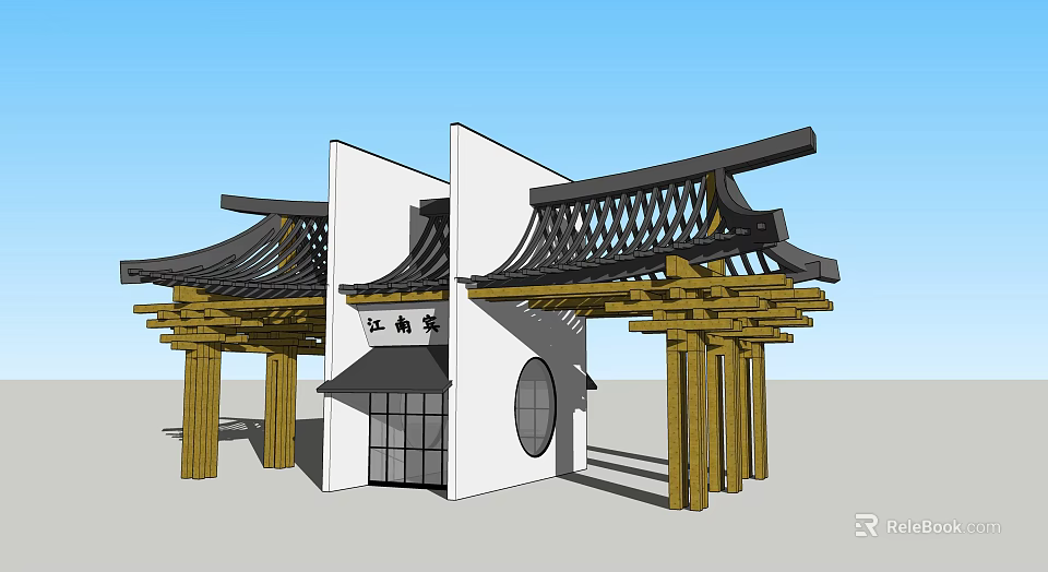 Traditional Chinese Style Gate With Wooden Roof And Circular Window Design 3d model 