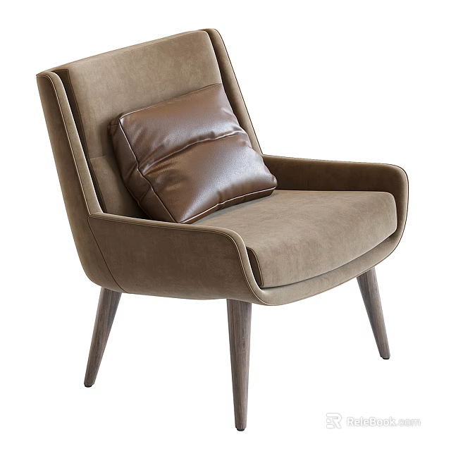Modern Brown Accent Chair With Leather Cushion And Wooden Legs 3d model 