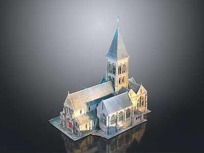 Historic Church Building With Tall Spire Stone Tower And Stained Glass Windows 3d model