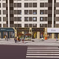 Vibrant Commercial Street with Multi Story Buildings Various Shops Pedestrians And Paved Plaza Area