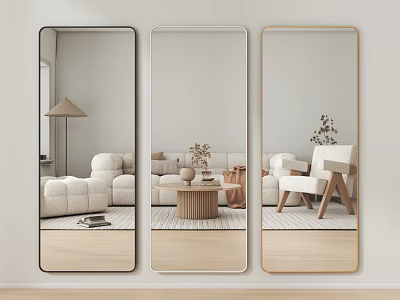Full Length Mirrors With Different Frames Reflecting Minimalist Living Room 3d model