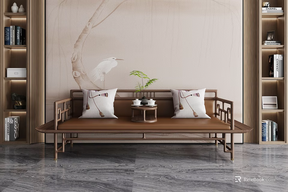 Chinese Style Wooden Daybed With Tasseled Cushions And Tea Set On Side Table 3d model 