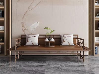 Chinese Style Wooden Daybed With Tasseled Cushions And Tea Set On Side Table 3d model