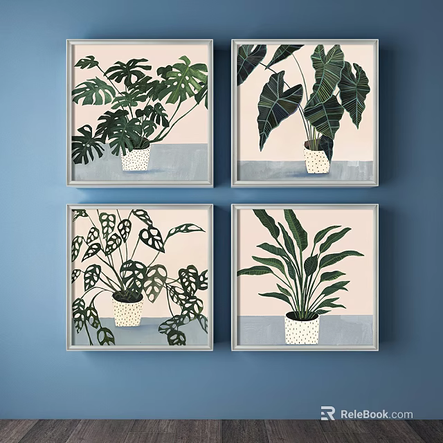 Four Framed Plant Paintings With Monstera And Leafy Potted Plants On Blue Wall 3d model 