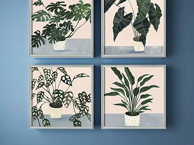 Four Framed Plant Paintings With Monstera And Leafy Potted Plants On Blue Wall 3d model