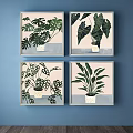Four Framed Plant Paintings With Monstera And Leafy Potted Plants On Blue Wall
