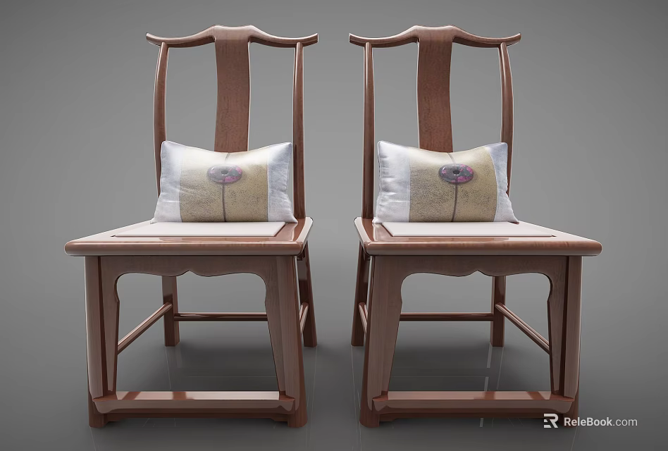Two Wooden Leisure Chairs With Unique Backrest Design And Patterned Pillows 3d model