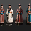 Four Women Wearing Traditional Colorful Costumes With Decorative Belts And Hats
