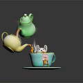Colorful Tea Set with Green Teapot Pouring Tea into Blue Teacup and Rabbit on Saucer 3d model