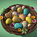 Bird Nest With Colorful Decorated Eggs Surrounded By Flowers And Green Leaves