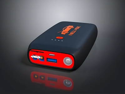 Portable Laptop Power Bank with Black Red Design USB Ports Button and Boost Logo 3d model