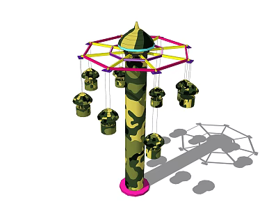 Camouflage Themed Playground Equipment With Cylindrical Column Green Dome And Yellow Hanging Pods 3d model