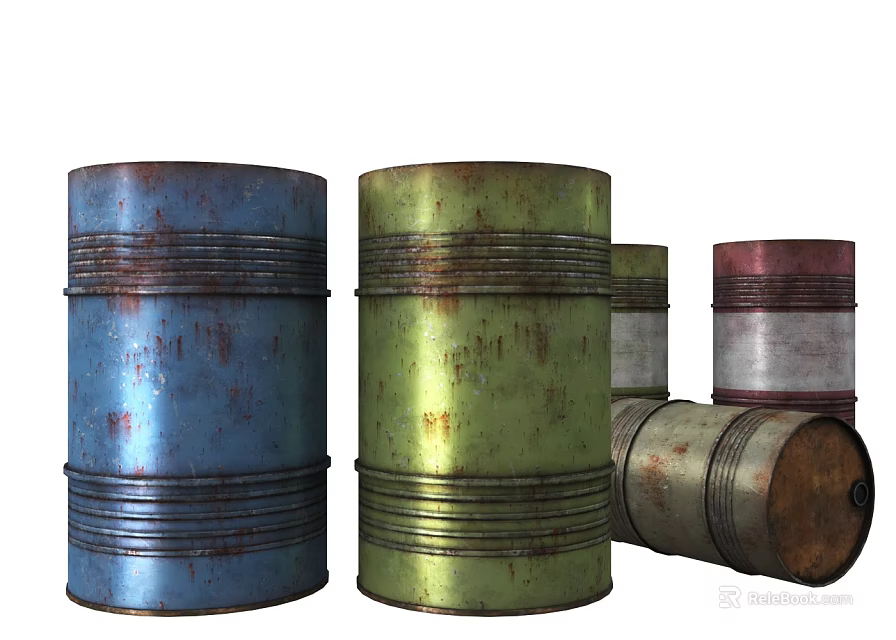 Old Rusty Metal Barrels With Various Colors And Sizes For Decor 3d model 