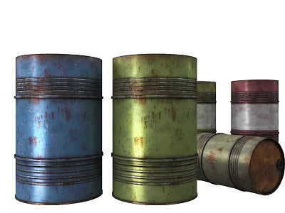 Old Rusty Metal Barrels With Various Colors And Sizes For Decor 3d model
