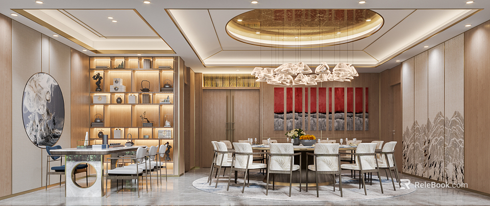 Elegant Modern Private Dining Room With Wooden Dining Table Chairs Chandelier Bookshelf And Decorative Painting 3d model 