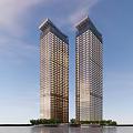 Two Modern Skyscrapers With Glass Facades Against Blue Sky And Greenery