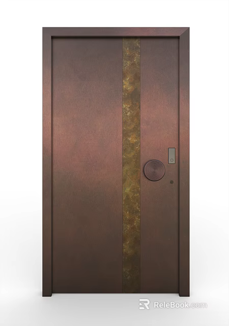 Modern Brown Hinged Door With Vertical Metal Strip And Round Handle Design 3d model 