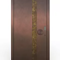 Modern Brown Hinged Door With Vertical Metal Strip And Round Handle Design