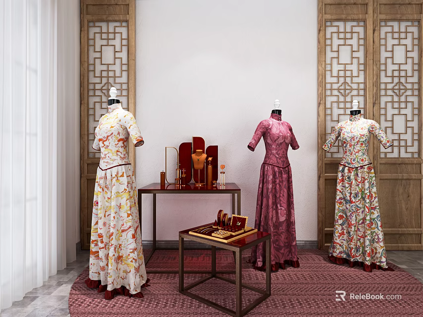 Mannequins in Traditional Chinese Dresses with Wooden Carved Screens and Display Tables 3d model 