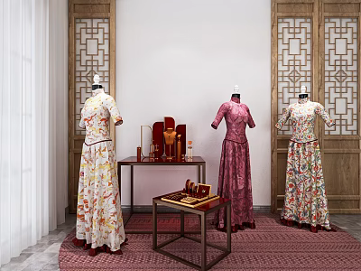 Mannequins in Traditional Chinese Dresses with Wooden Carved Screens and Display Tables 3d model