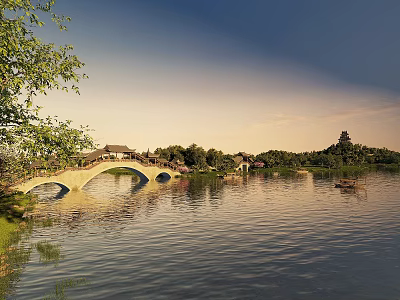 Waterfront Landscape With Arch Bridge Calm Lake Green Trees And Traditional Buildings 3d model